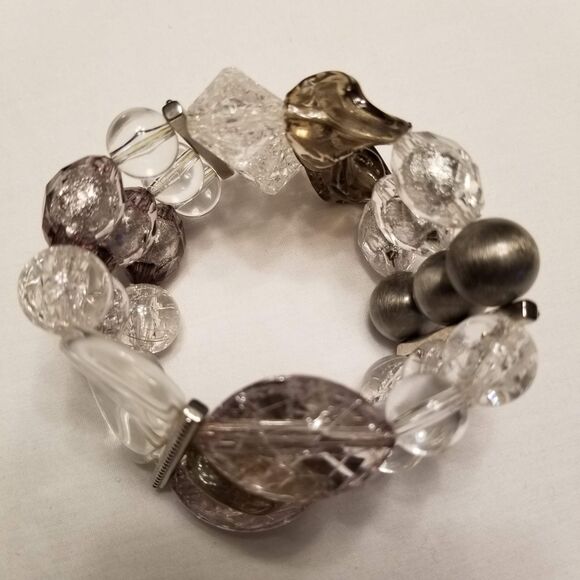 Vintage Chunky Lucite Beaded Statement Bracelet Clear Silver Smoky Y2K Boho Glam - Picture 7 of 7